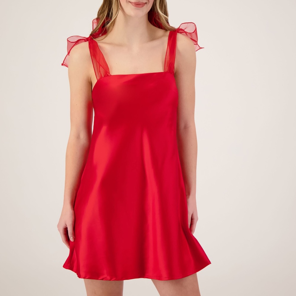 Red Satin Mini Dress Square Neck Sheer Organza Tie Bow Strap Size S Glam Party